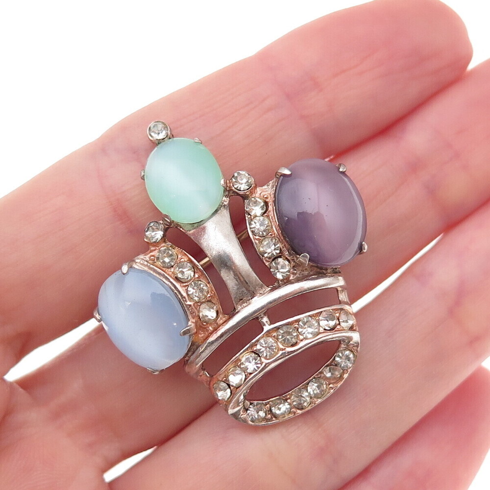 925 Sterling Gold Plated Antique Art Deco Rhinestone Crown Pin Brooch / Pendant